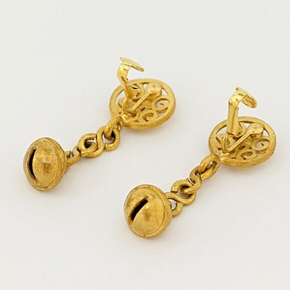 CHANEL CC Logos Filigree bell Dangle Earrings Gold Tone 95P Auth w/Box #2100 - Picture 4 of 6